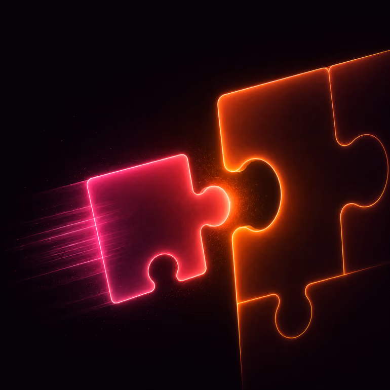 Glowing pink puzzle piece moving to connect with larger orange puzzle piece on black background.